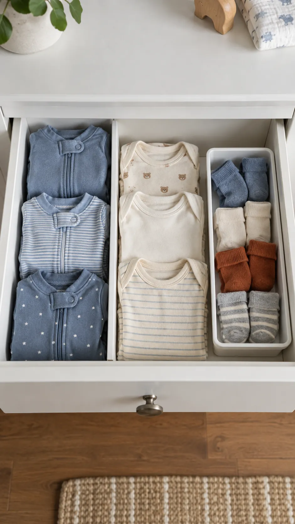 Current baby clothing grouped in a drawer