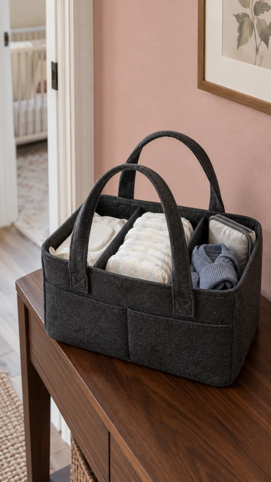 A compact portable diaper caddy with a limited working supply
