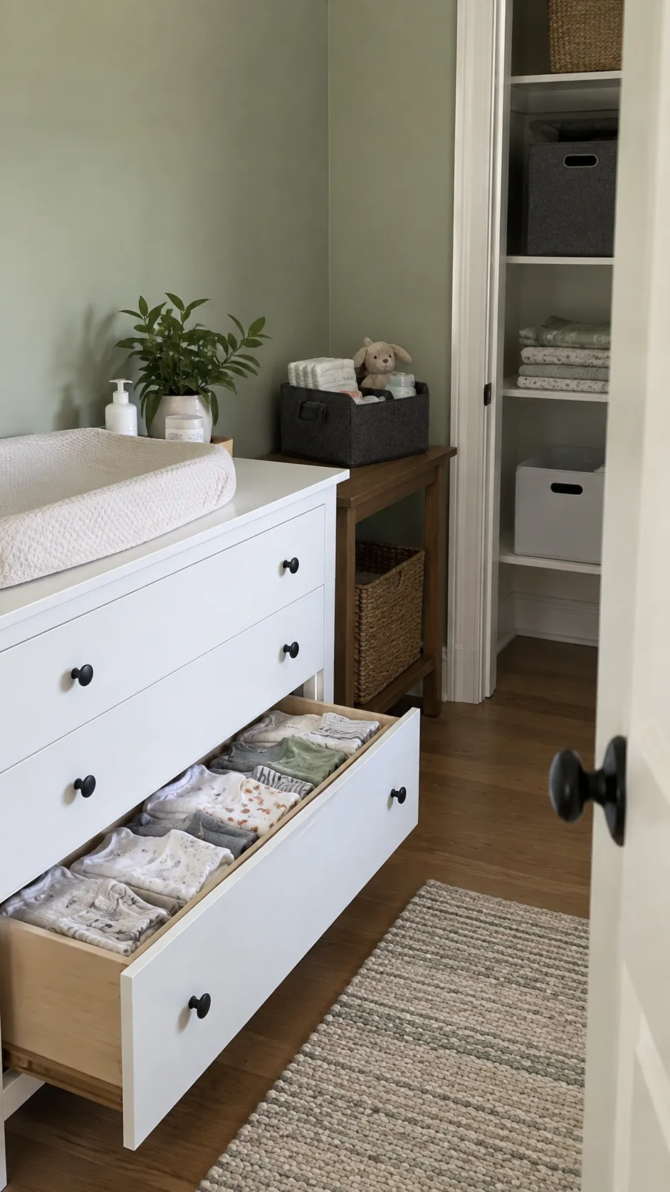 Organized everyday nursery supplies and separate reserve storage