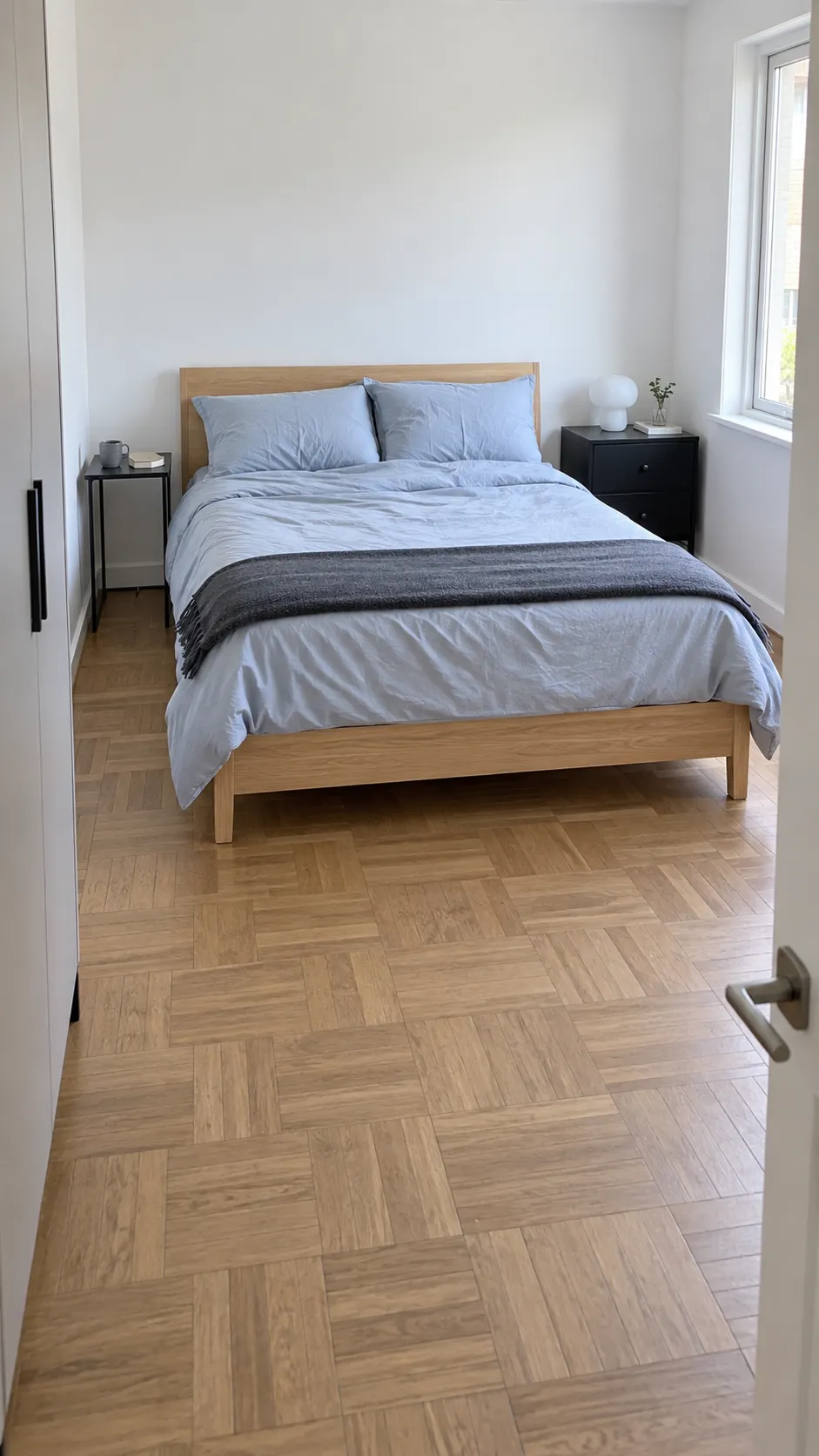 Different bedside tables arranged around a bed with clear access
