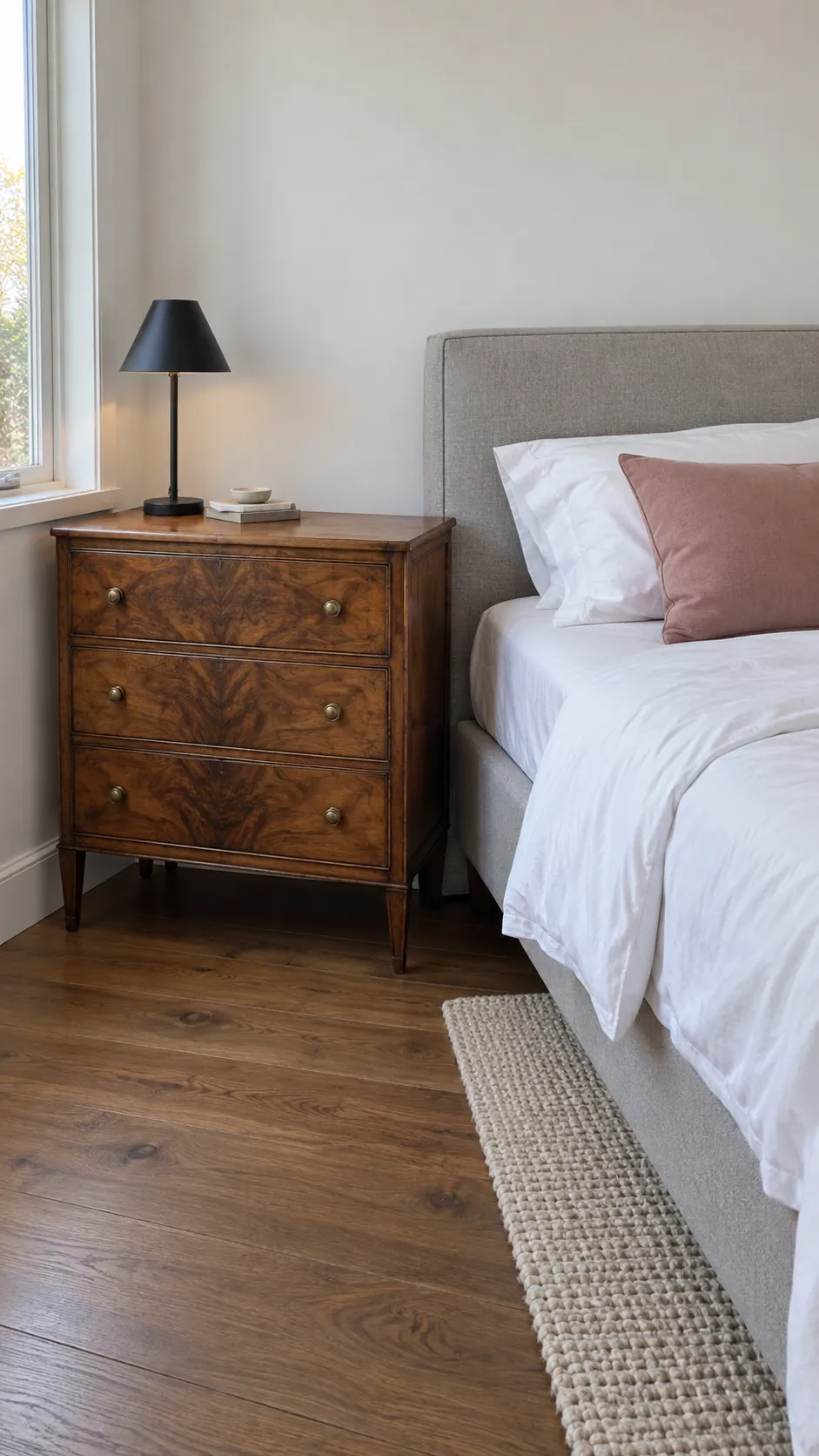 Plain upholstered bed beside a vintage walnut chest