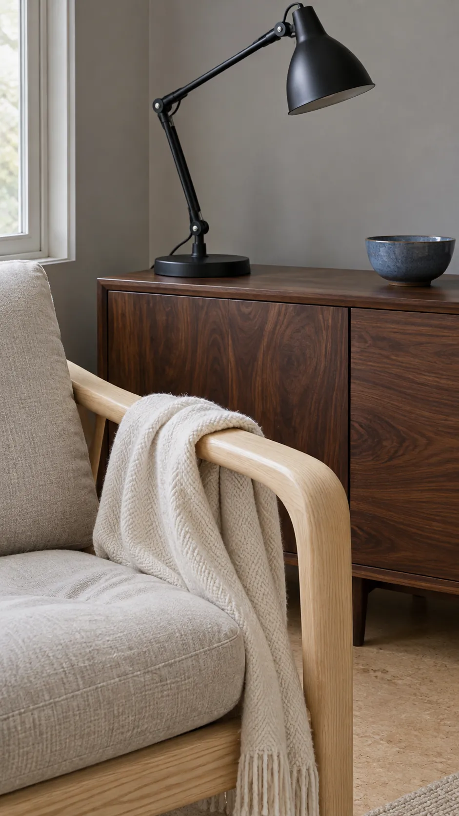 Walnut cabinet, pale wood chair arm, and black metal light separated by cream fabric
