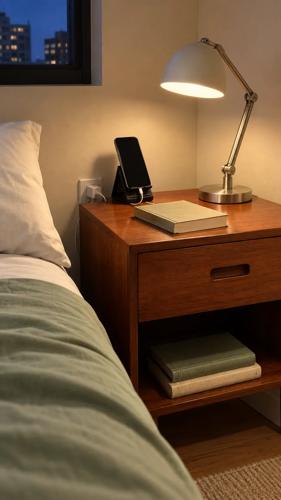 Practical bedside cabinet with reading light and tidy charging space