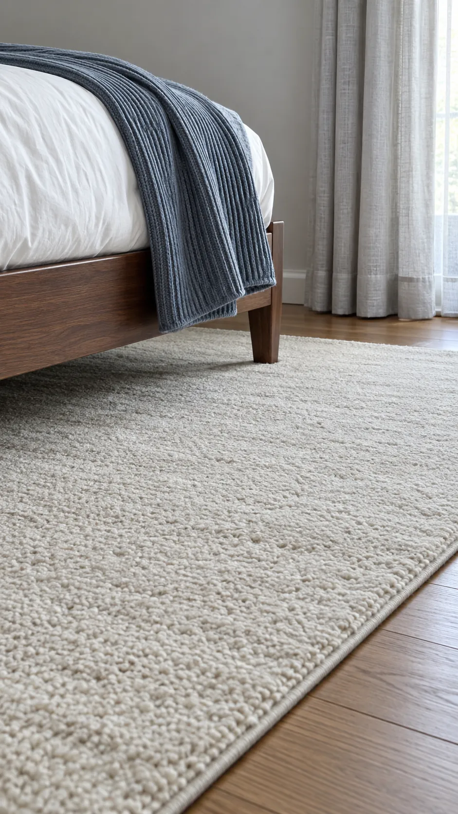 Ribbed cotton throw, plain bedding, and a useful bedside rug