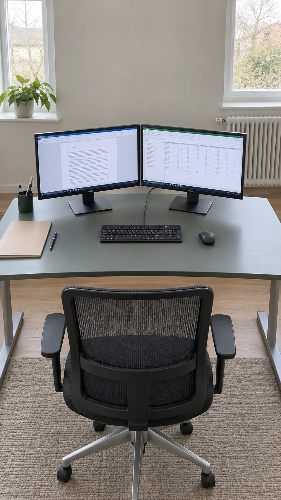 Build a shallow arc for equal screen use in a practical dual monitor home office
