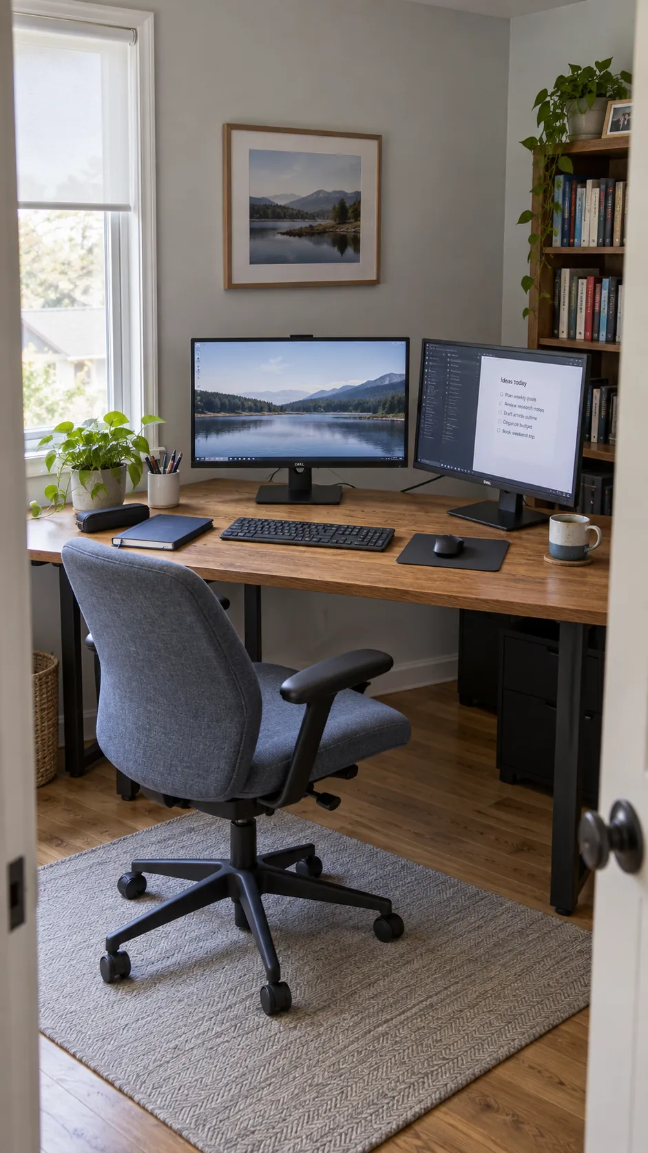 Practical dual monitor home office with an oak desk and clear working space