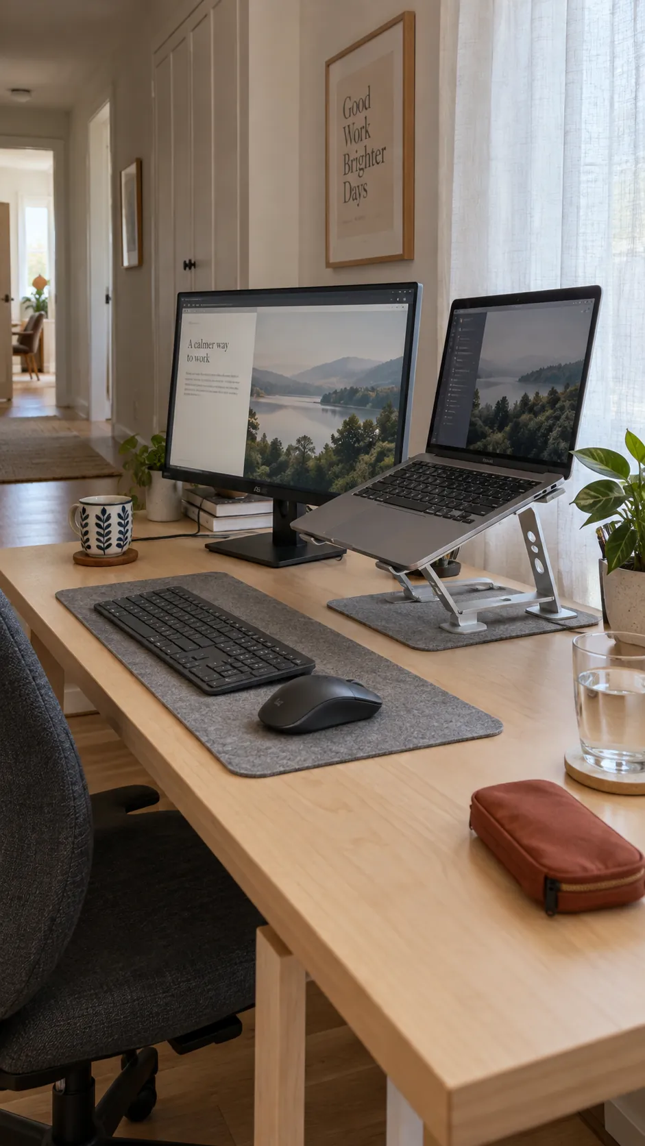 Keep the laptop beside one external display in a practical dual monitor home office