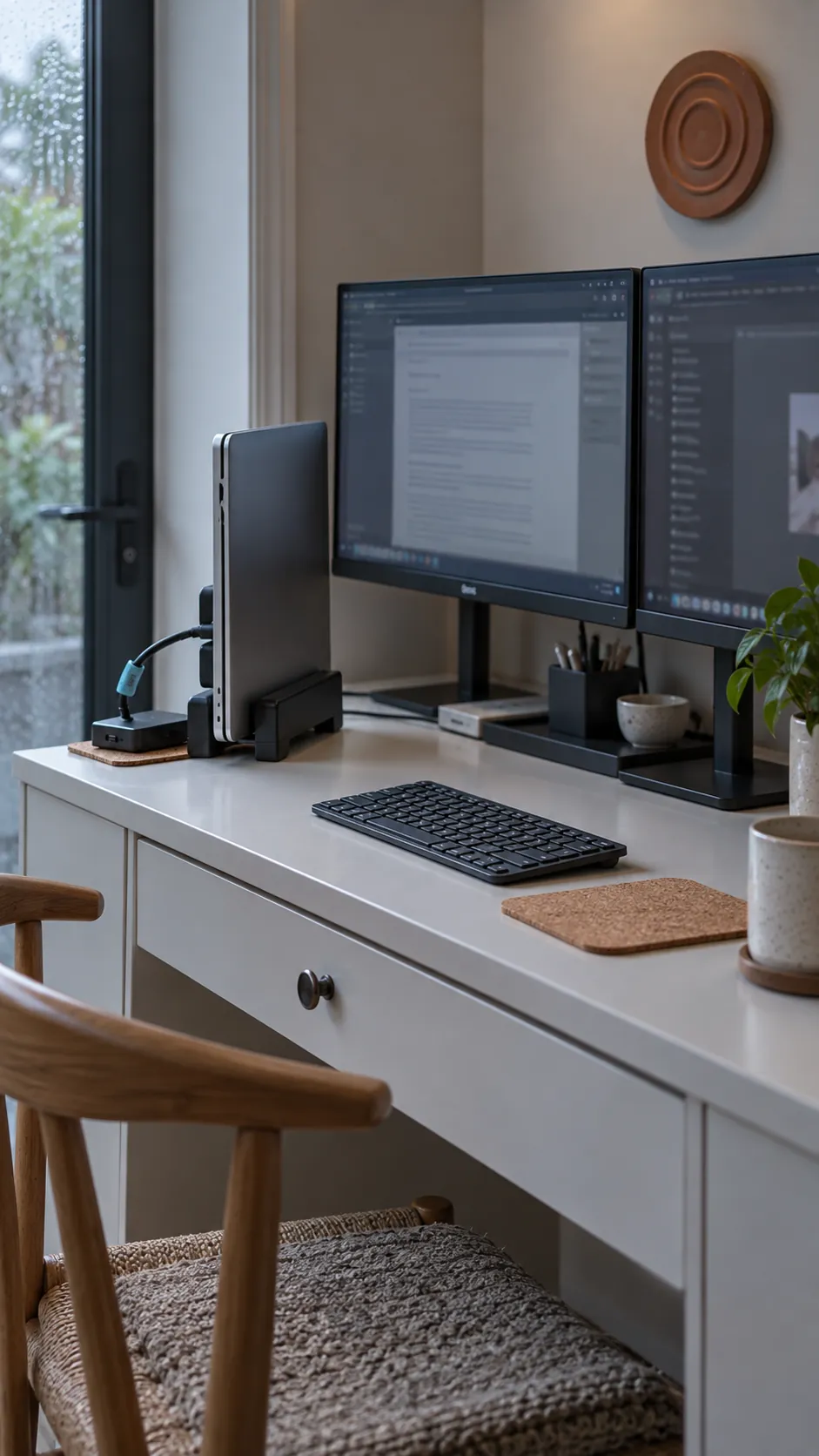 Dock the laptop to clear the working surface in a practical dual monitor home office