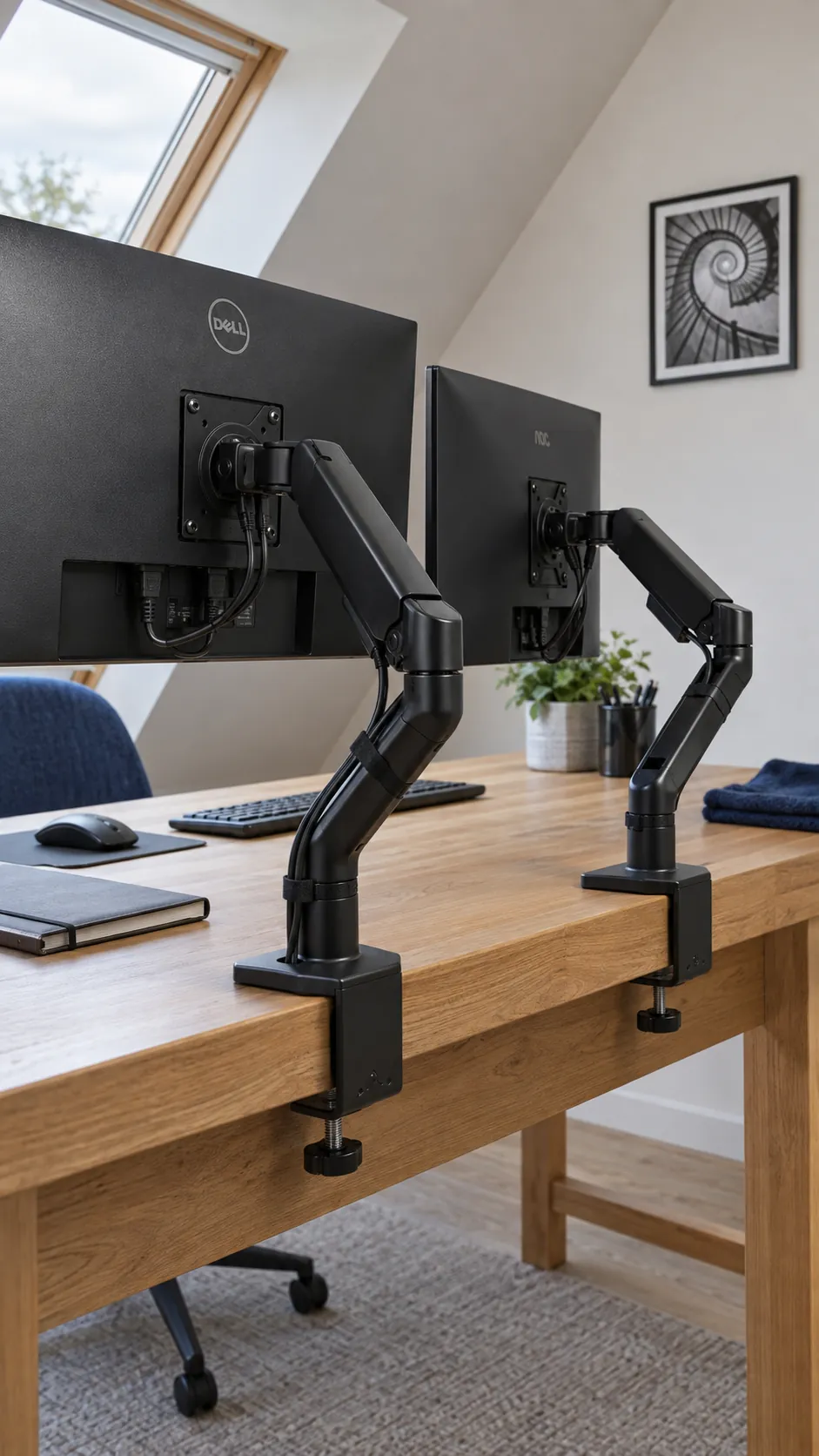 Use separate arms on a narrow desk in a practical dual monitor home office
