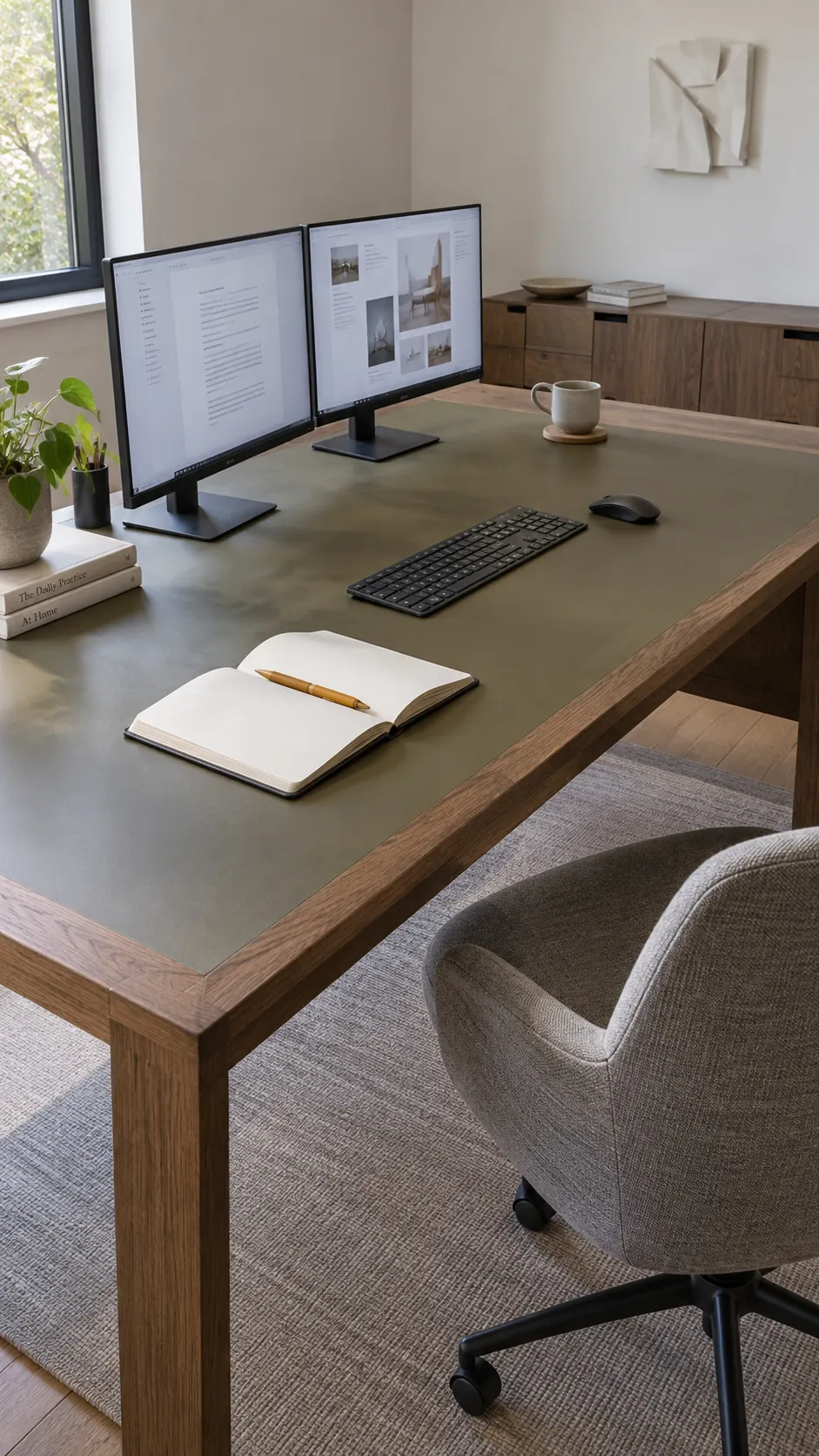 Give a deep desktop a clear front zone in a practical dual monitor home office