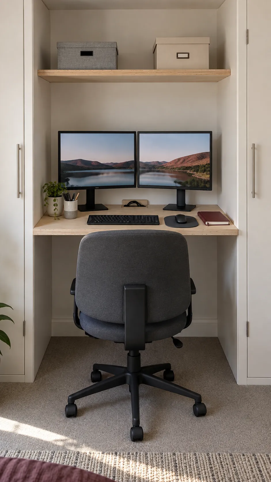 Fit a compact pair into an alcove in a practical dual monitor home office