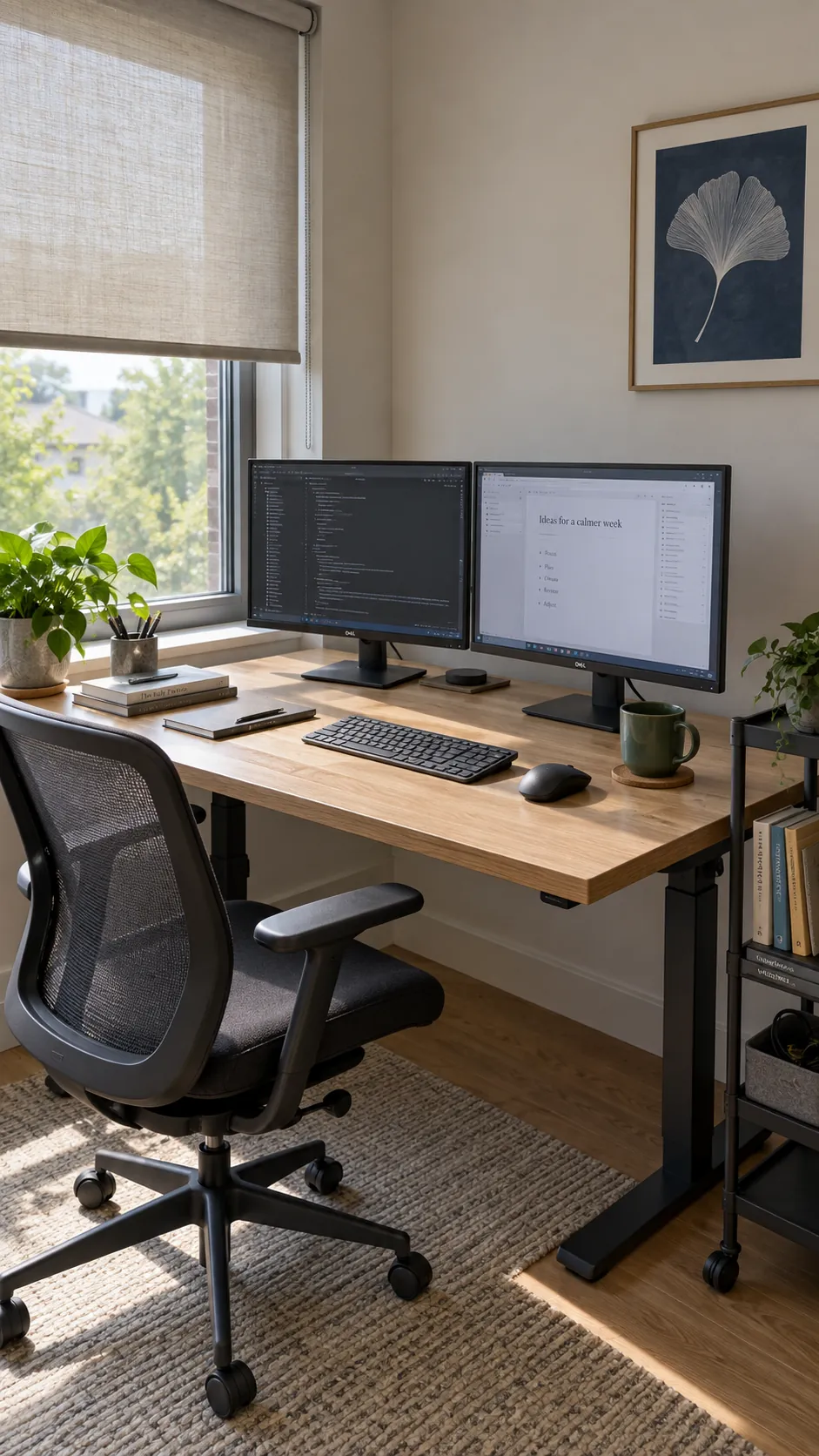 Set the desk beside the window in a practical dual monitor home office