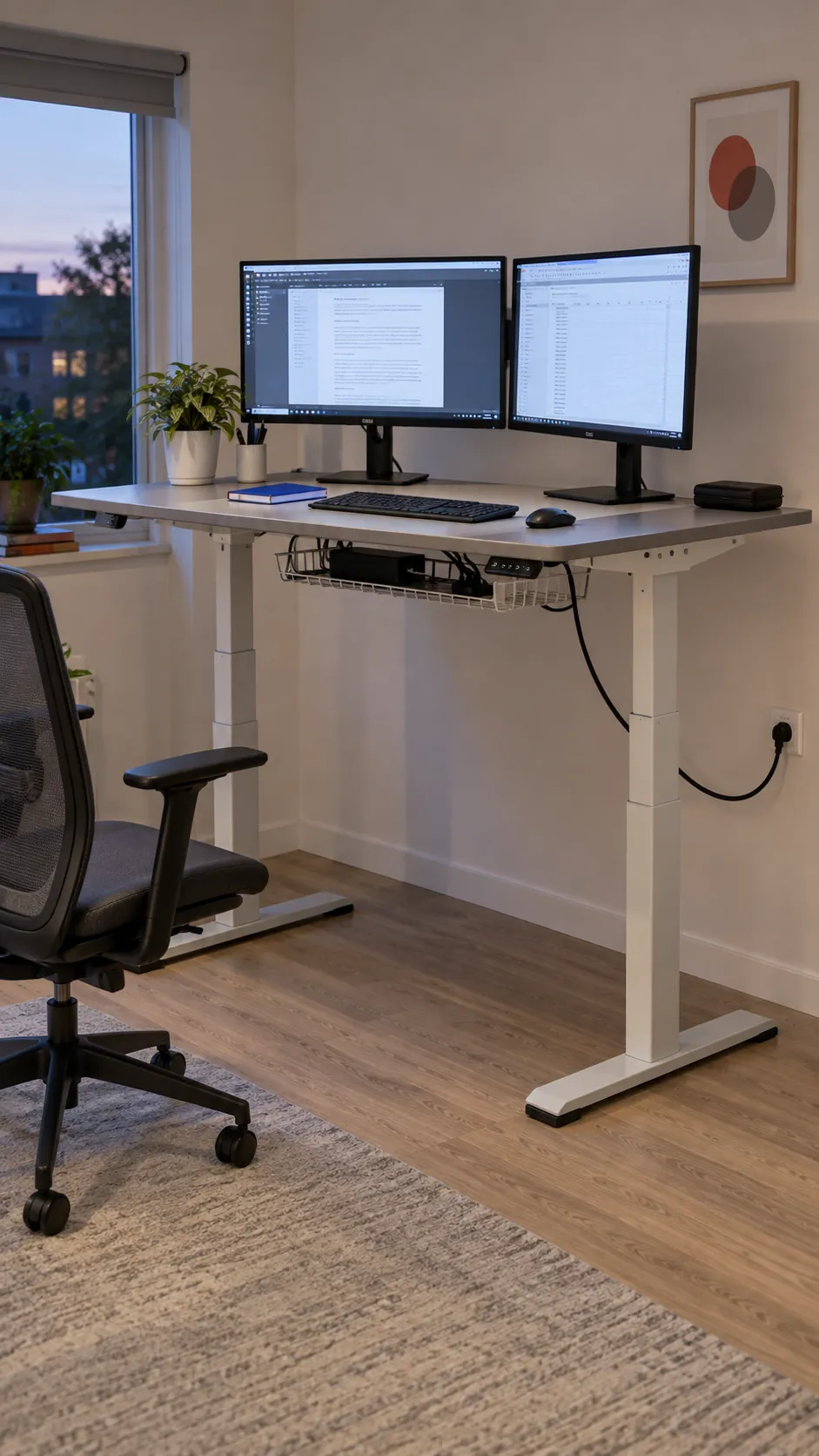 Make a standing setup move as one in a practical dual monitor home office