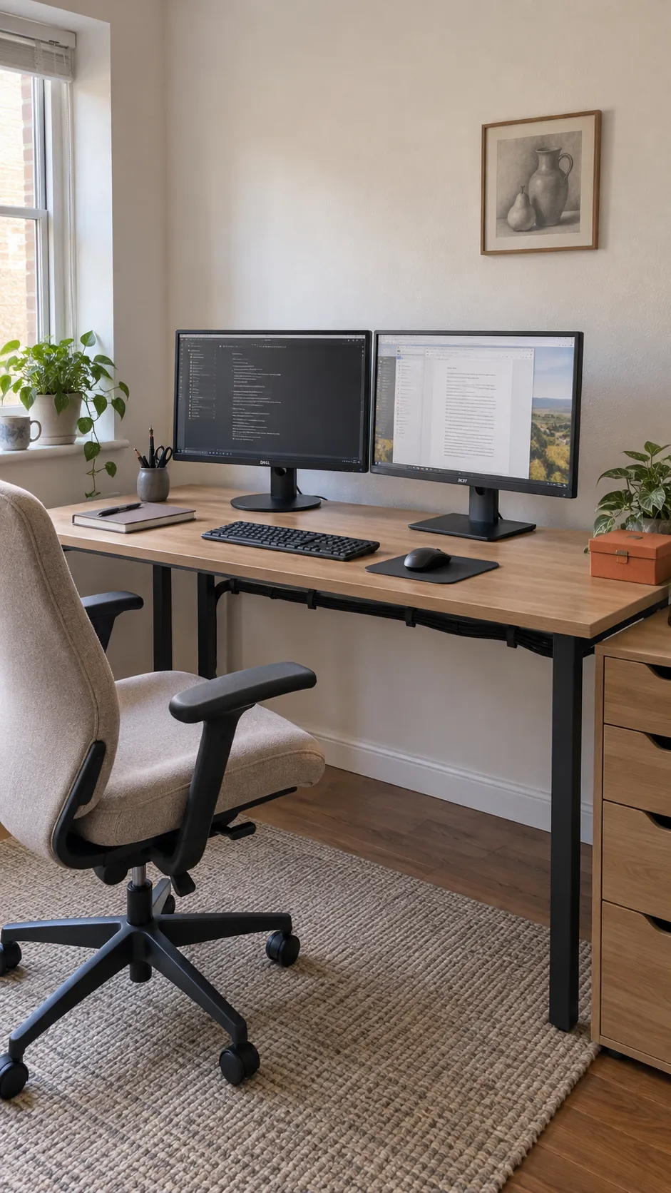 Create a rental friendly freestanding station in a practical dual monitor home office
