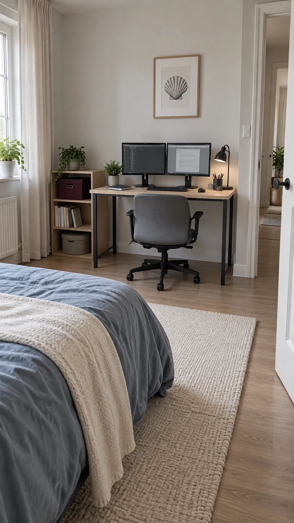 Let the office share a bedroom quietly in a practical dual monitor home office