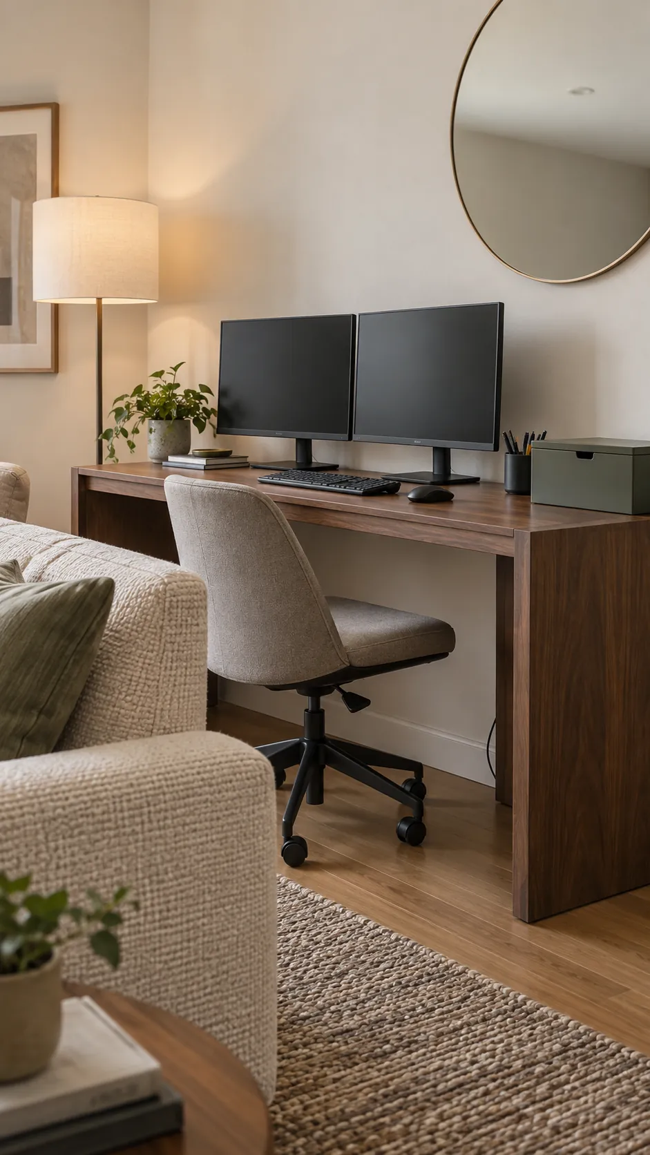 Use a living room console with real desk depth in a practical dual monitor home office
