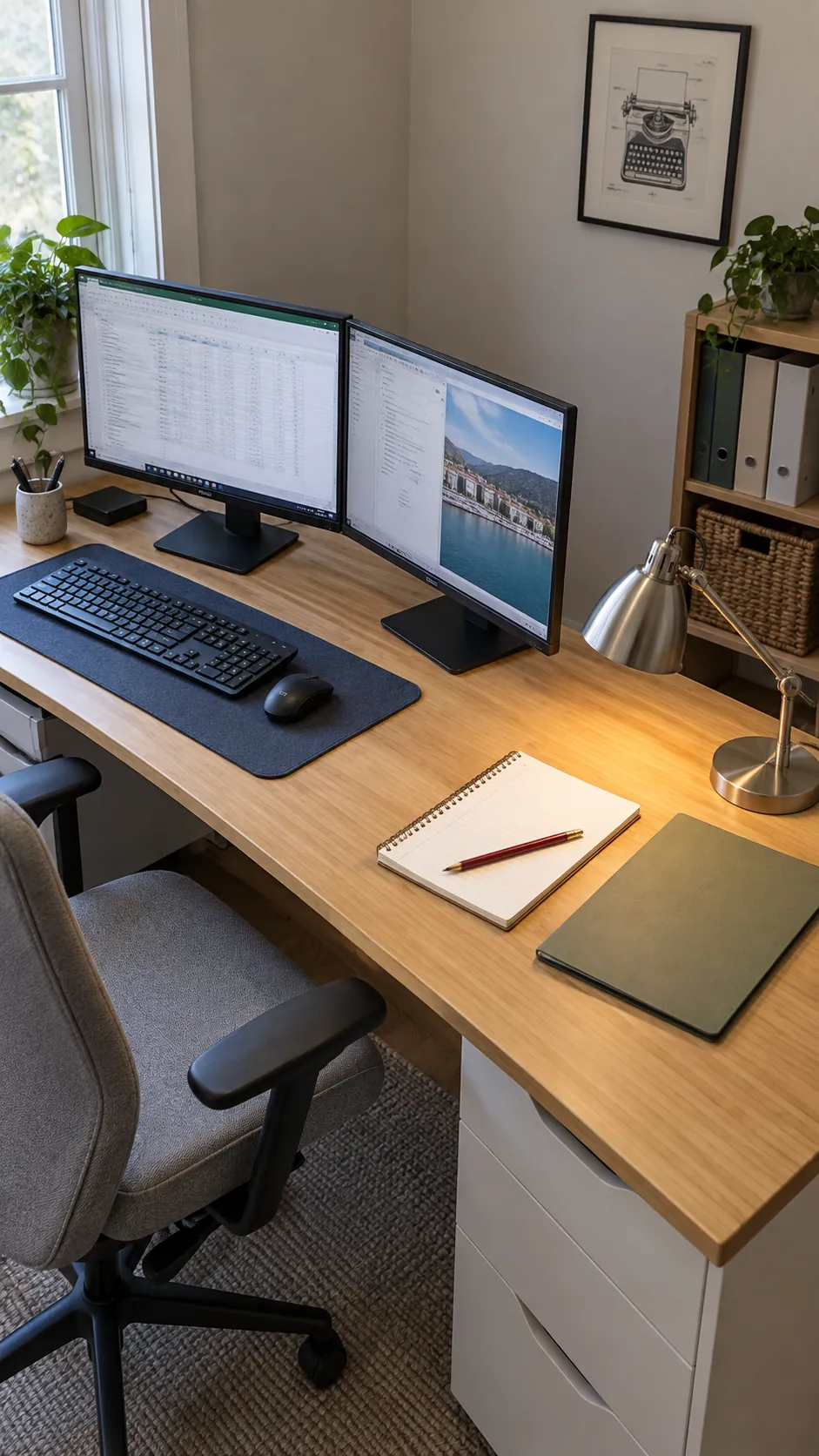 Reserve one side for paper work in a practical dual monitor home office