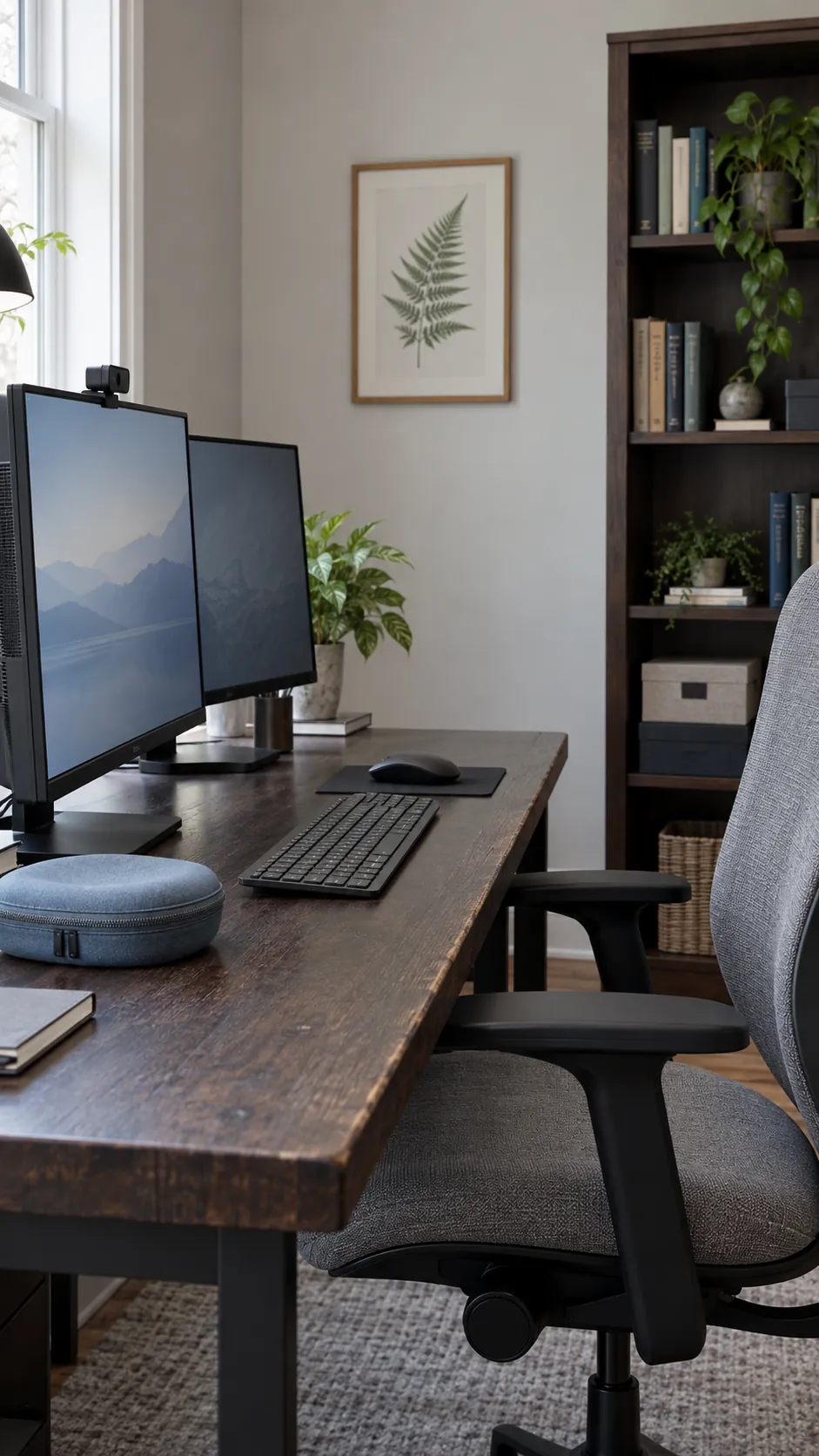 Separate the desk from the video call background in a practical dual monitor home office