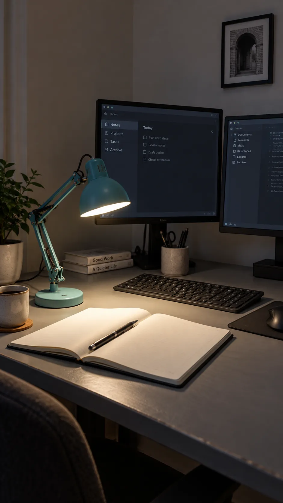 Bring a small task light below the glare line in a practical dual monitor home office