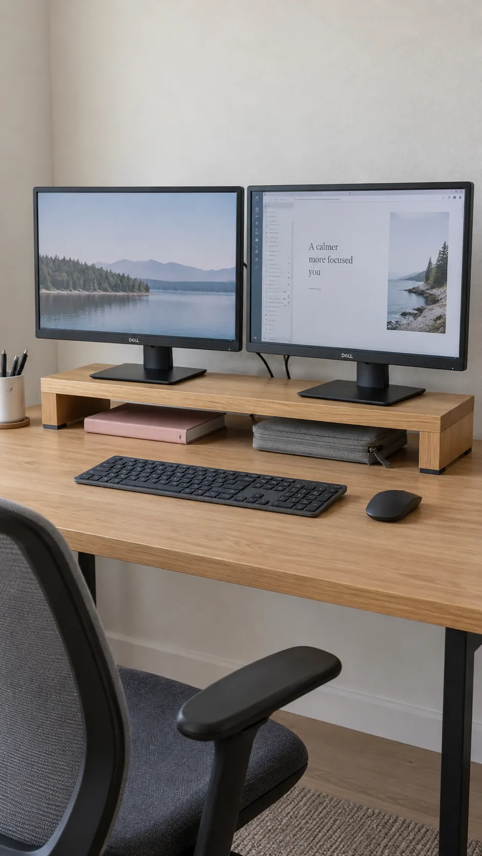 Use a shelf riser only when height calls for it in a practical dual monitor home office