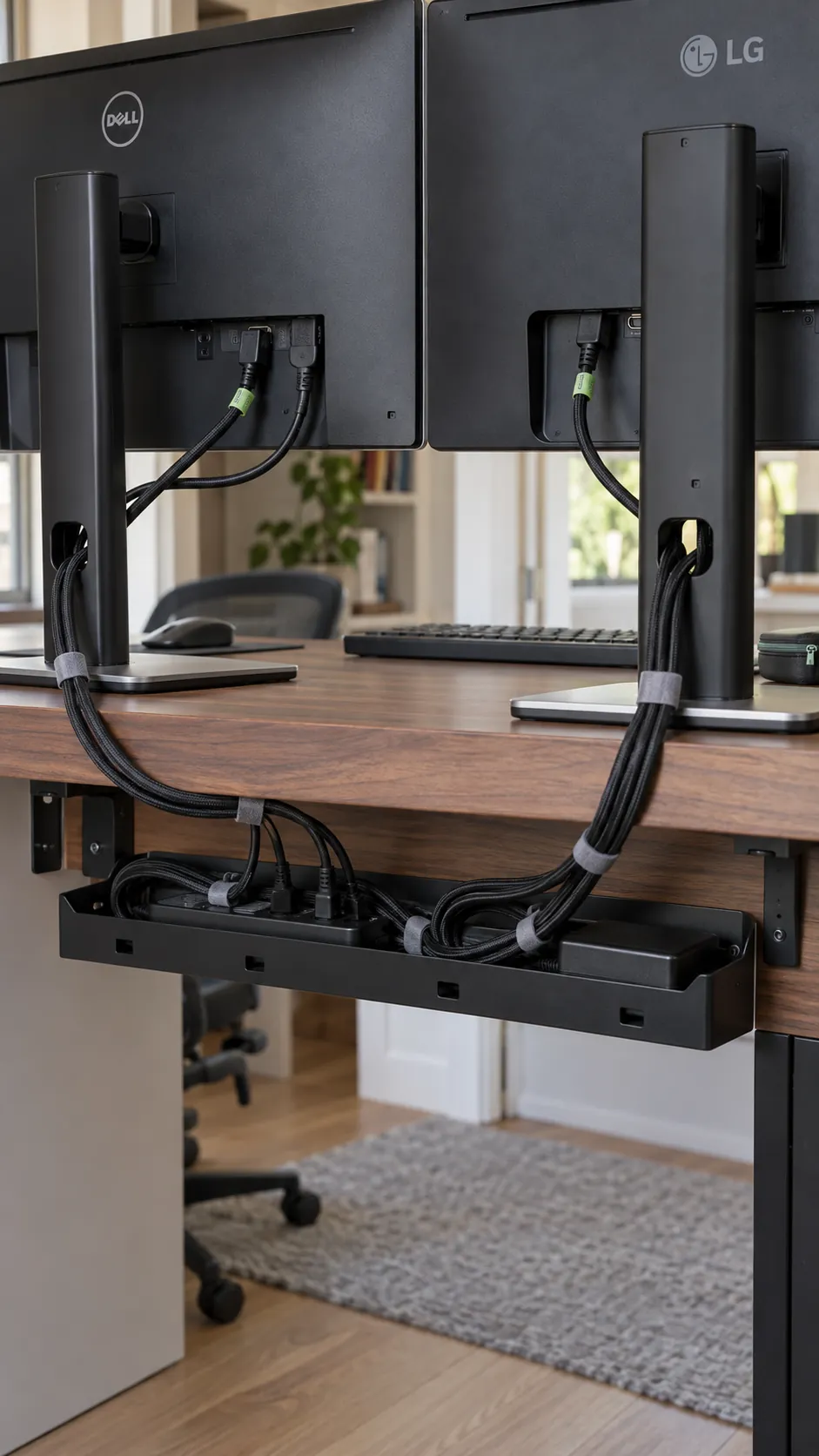 Make cable access part of the design in a practical dual monitor home office