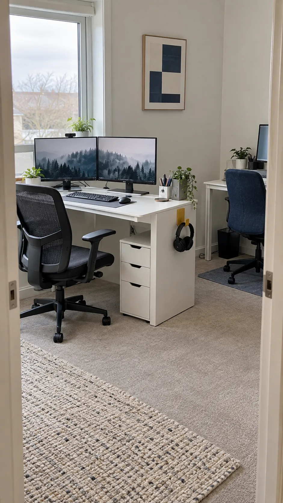 Give two people separate adjustment space in a practical dual monitor home office