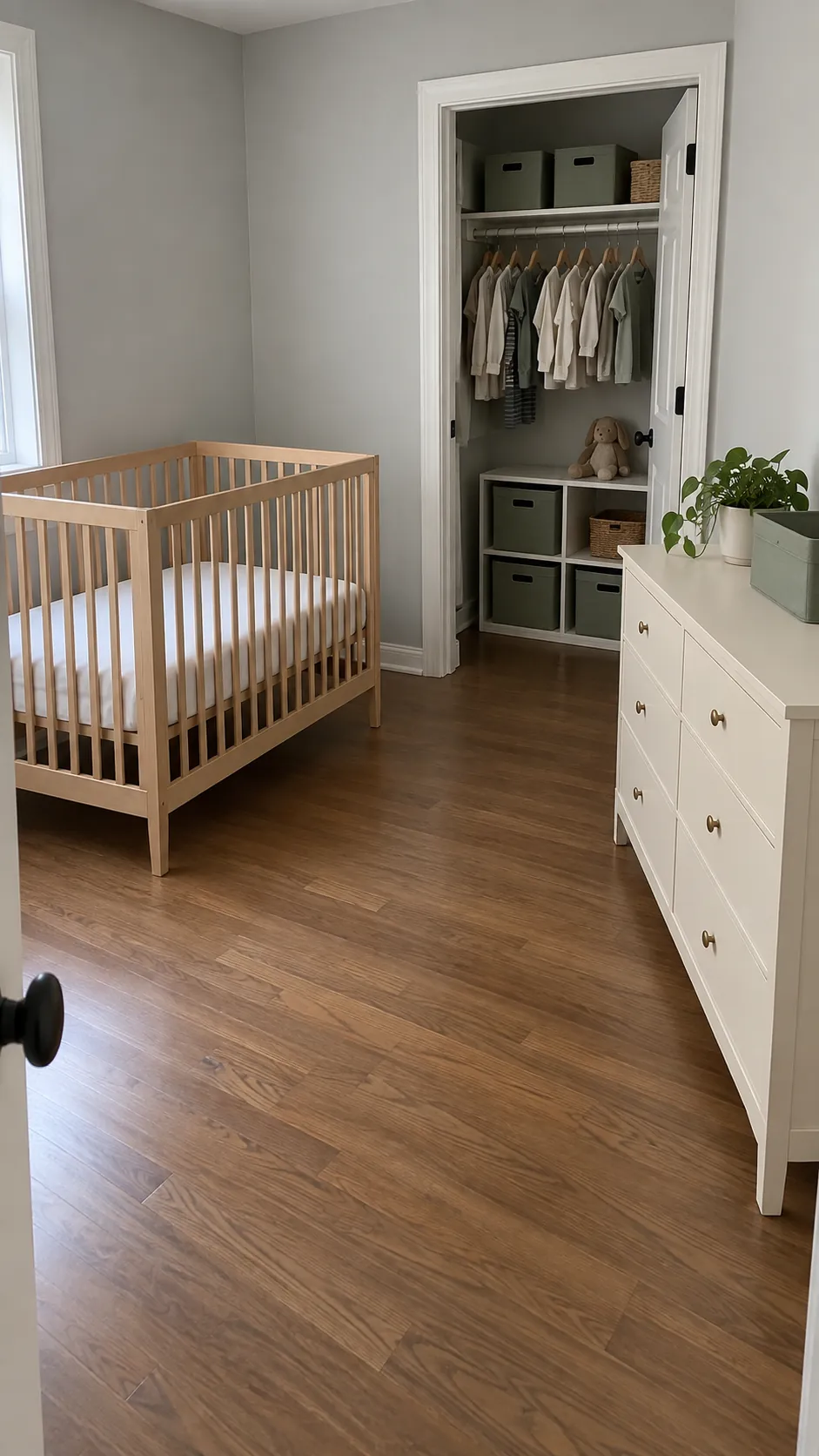 Compact nursery with accessible storage and clear walking space