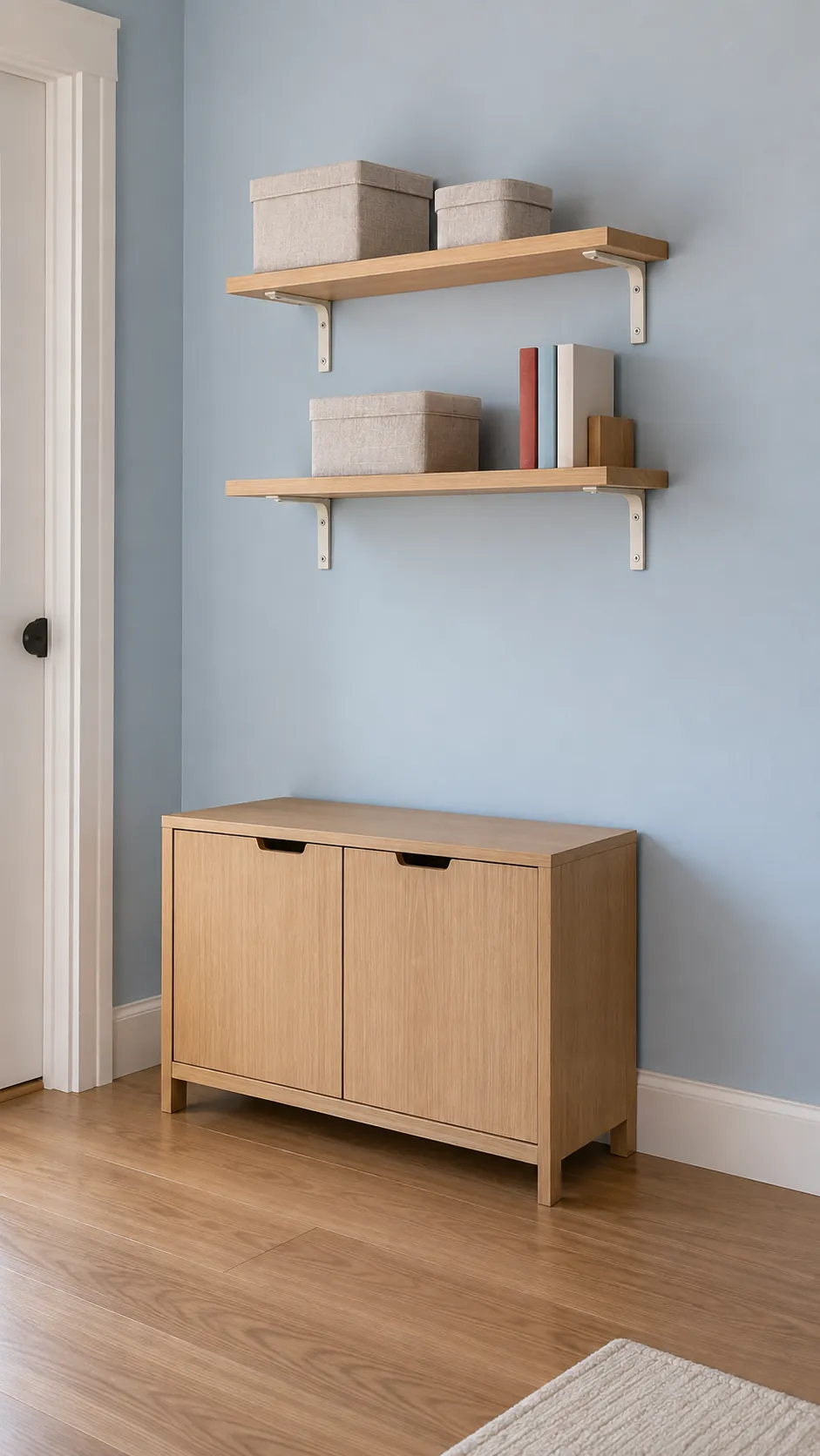 Shallow nursery shelves in a separate storage zone