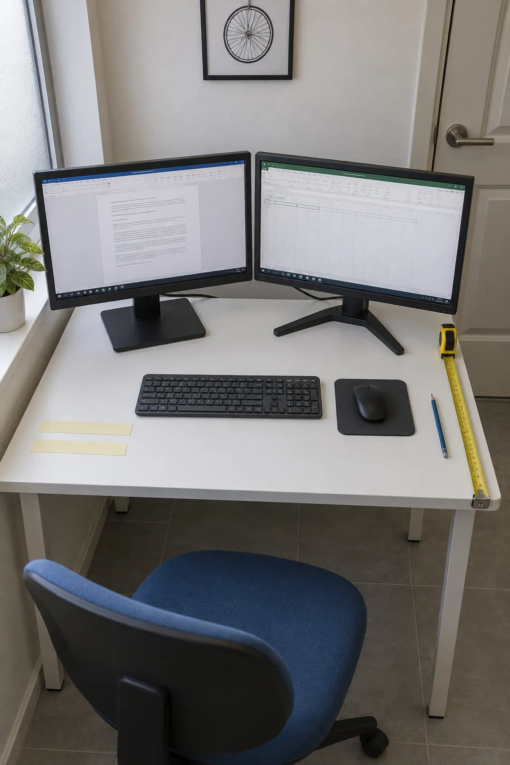 Measure the equipment footprint, not just the screen diagonal for a two monitor office desk