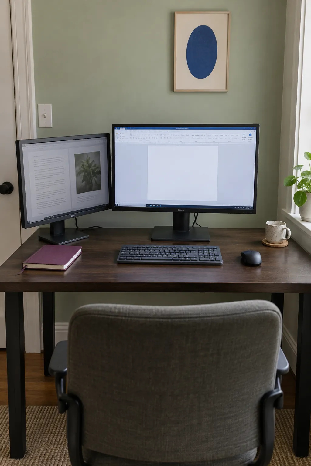 Choose the center of the desk from your main task for a two monitor office desk