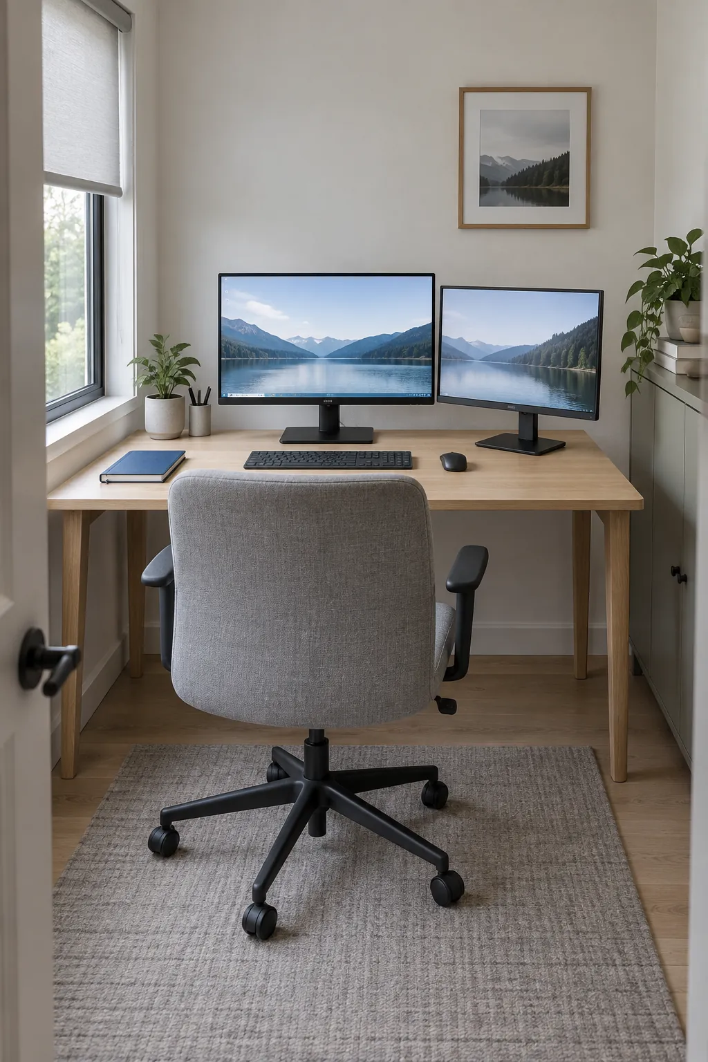 Two monitor office desk with clear working space and adjustable screens