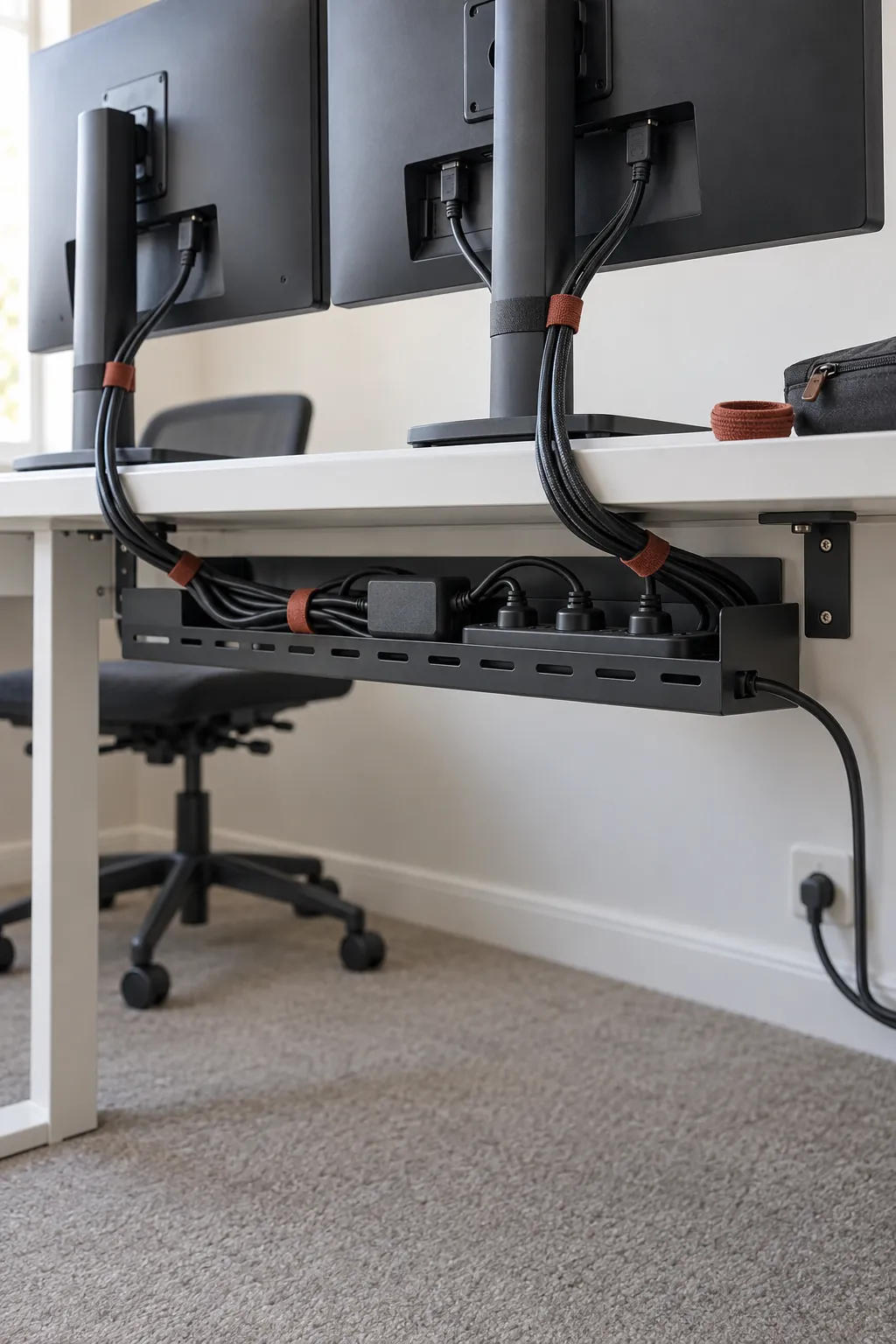 Route cables for the changes you will actually make for a two monitor office desk