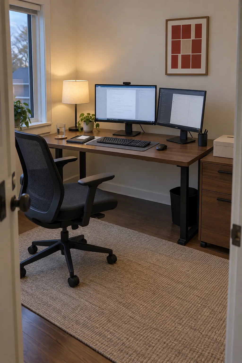 Run a normal workday before adding more equipment for a two monitor office desk