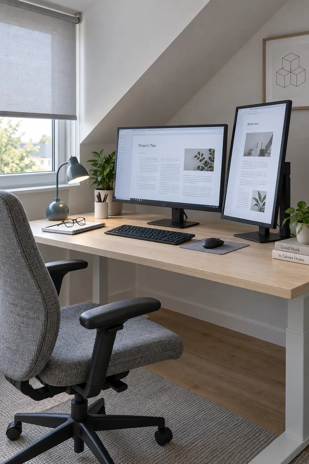 Adjust height, text size, and lighting together for a two monitor office desk