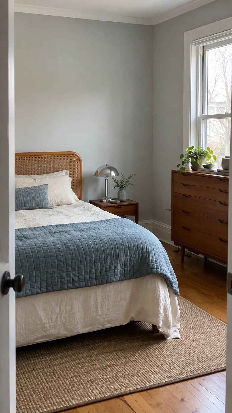 Vintage inspired bedroom with cane headboard, blue quilt and teak storage