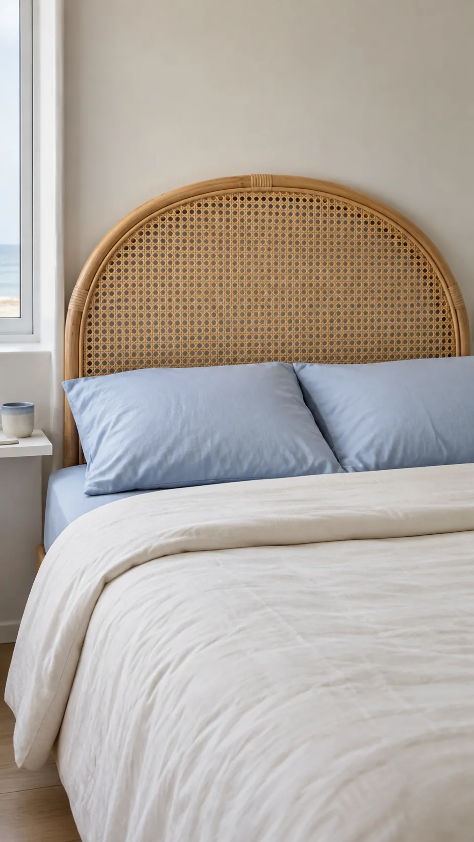 Cane headboard with plain blue bedding in a modest bedroom