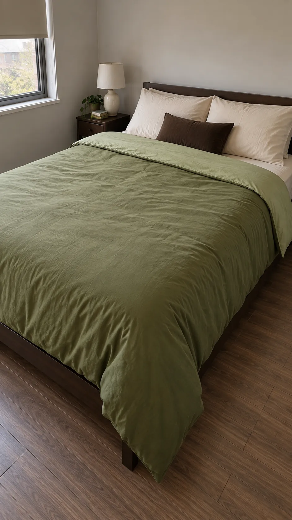 Avocado green bedding with cream pillows and a brown accent