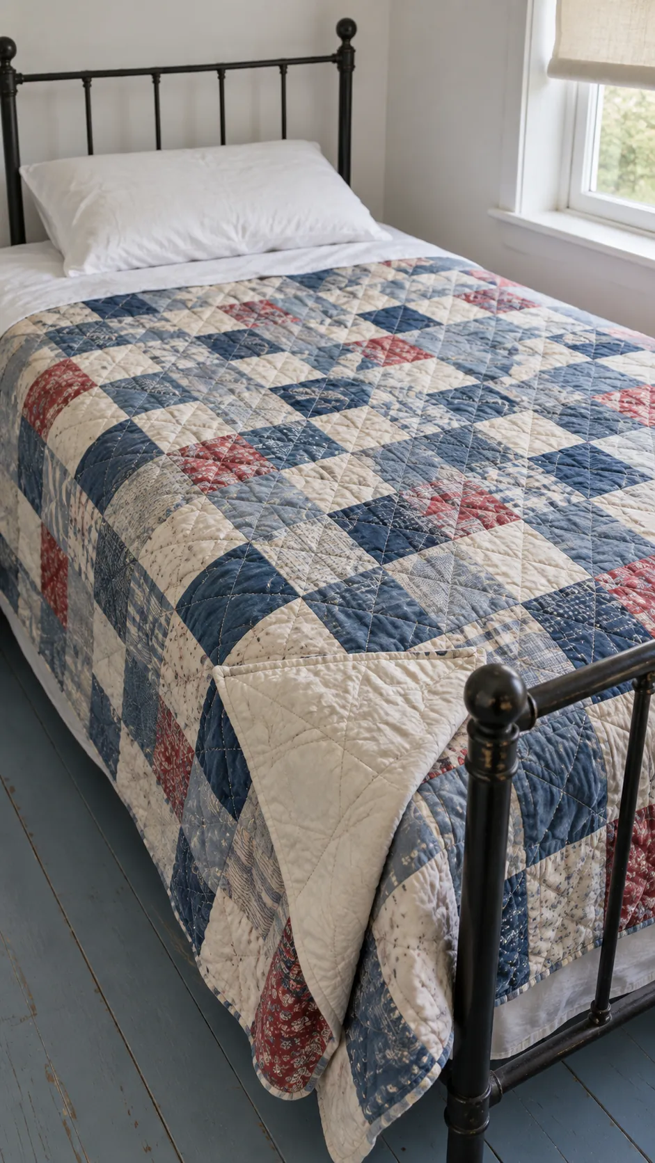 Blue and cream patchwork quilt over plain sheets