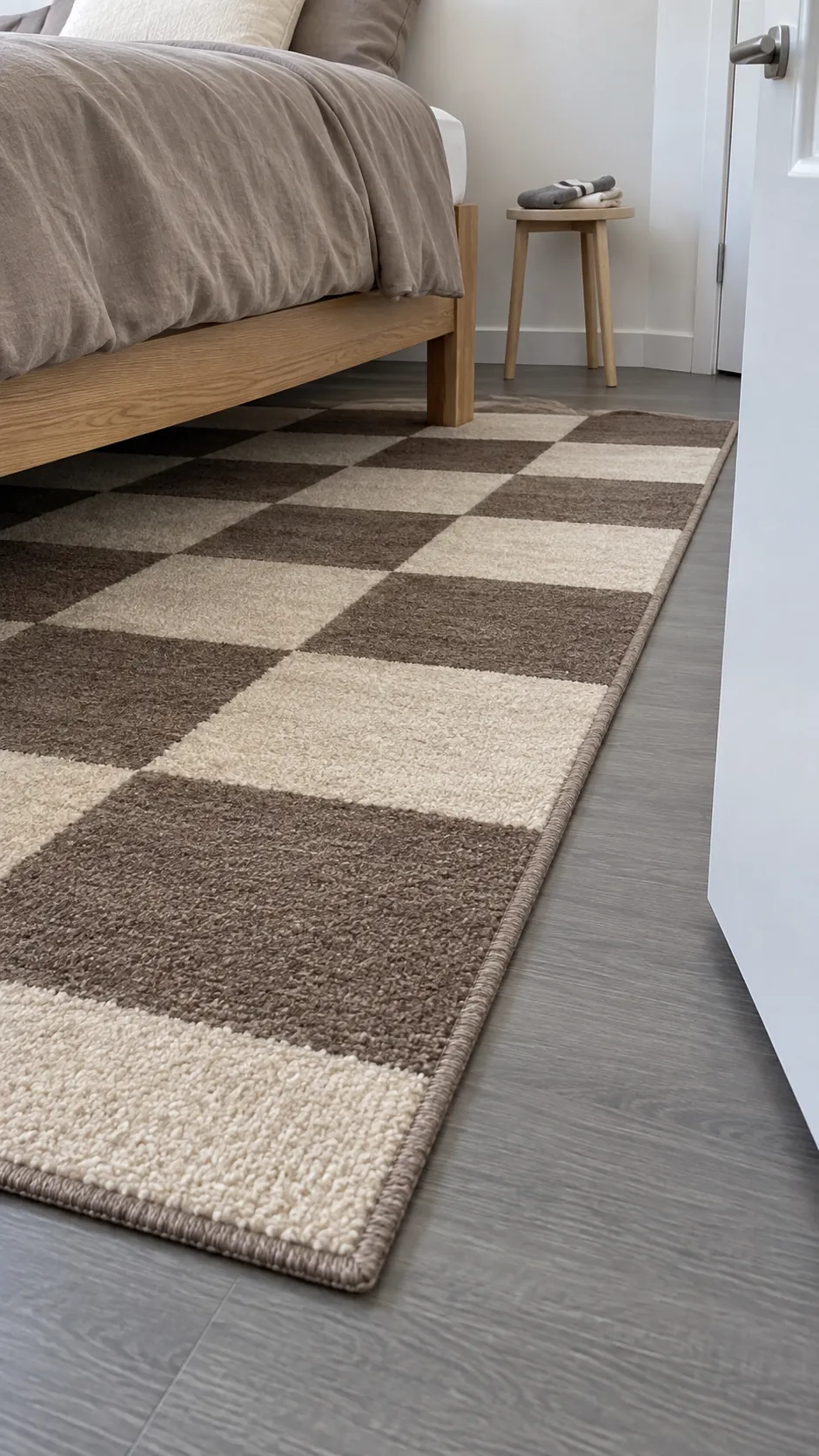 Cream and brown checker rug beside a plain bed