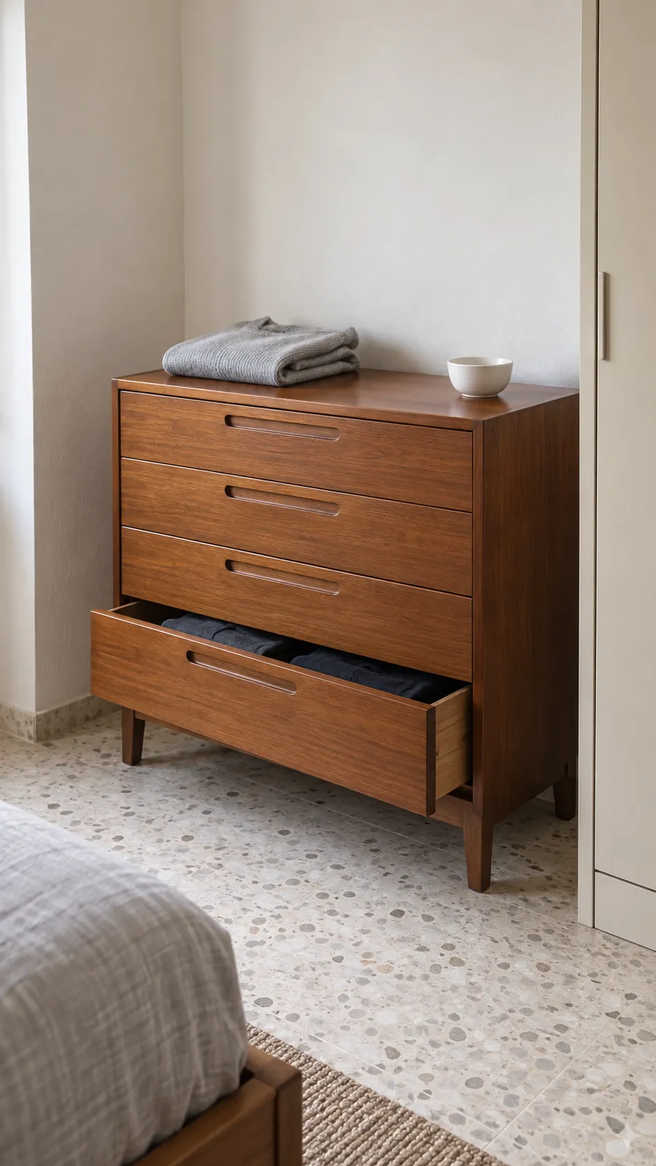 Teak bedroom dresser with clear drawers and a restrained surface