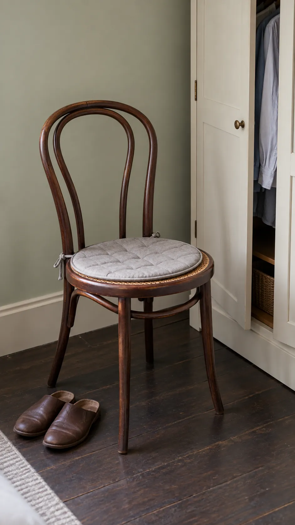 Bentwood bedroom chair with a small seat pad and clear surrounding floor