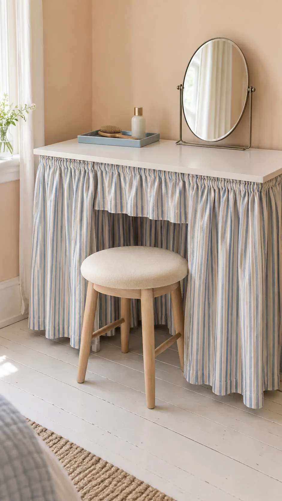 Striped fabric skirt beneath a compact vanity with an accessible stool