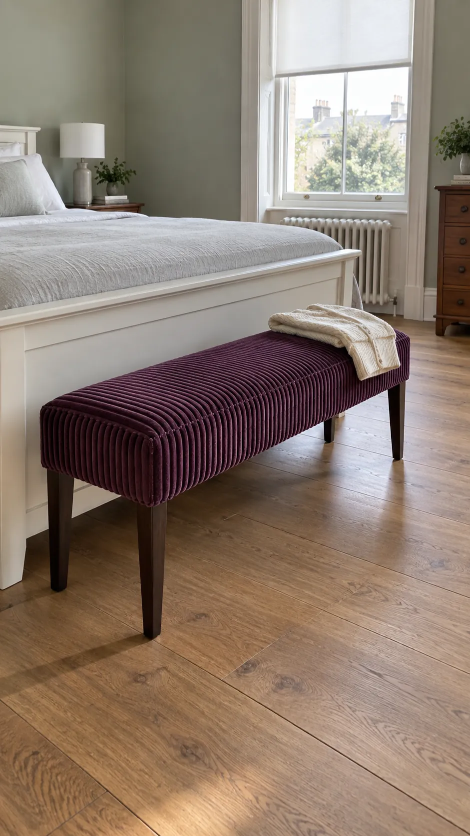 Small plum corduroy bench at the foot of a simple bed