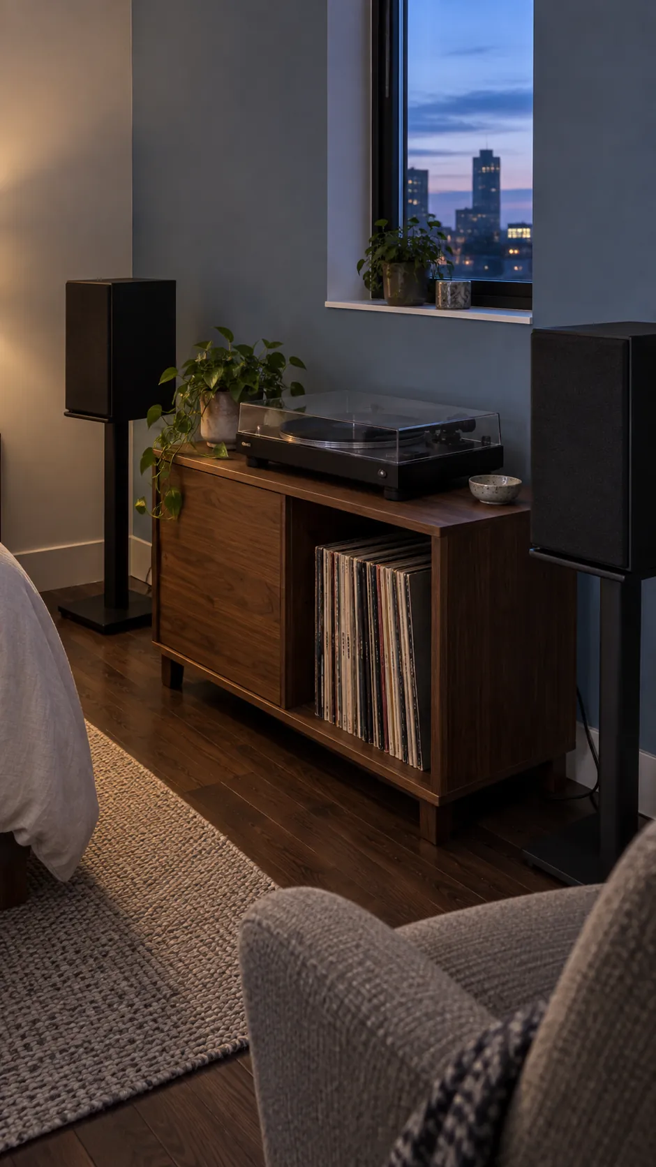 Compact bedroom record player with upright records and separate speakers