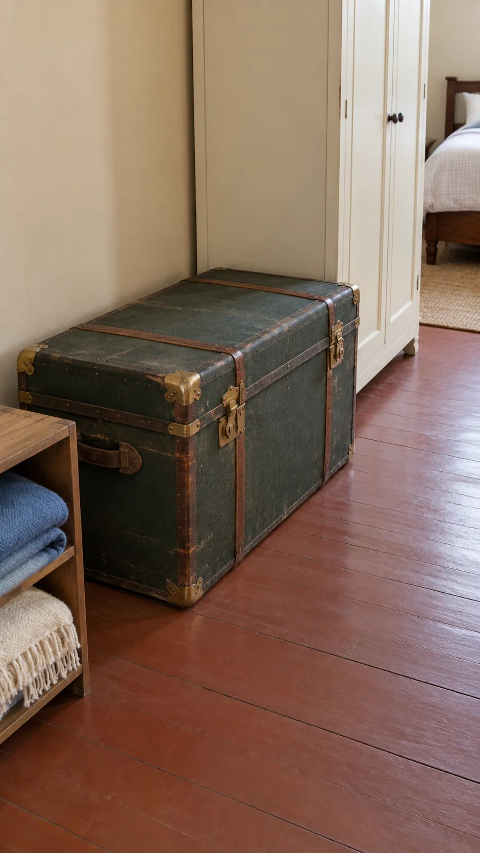 Closed vintage storage trunk with folded blankets nearby and a clear walkway