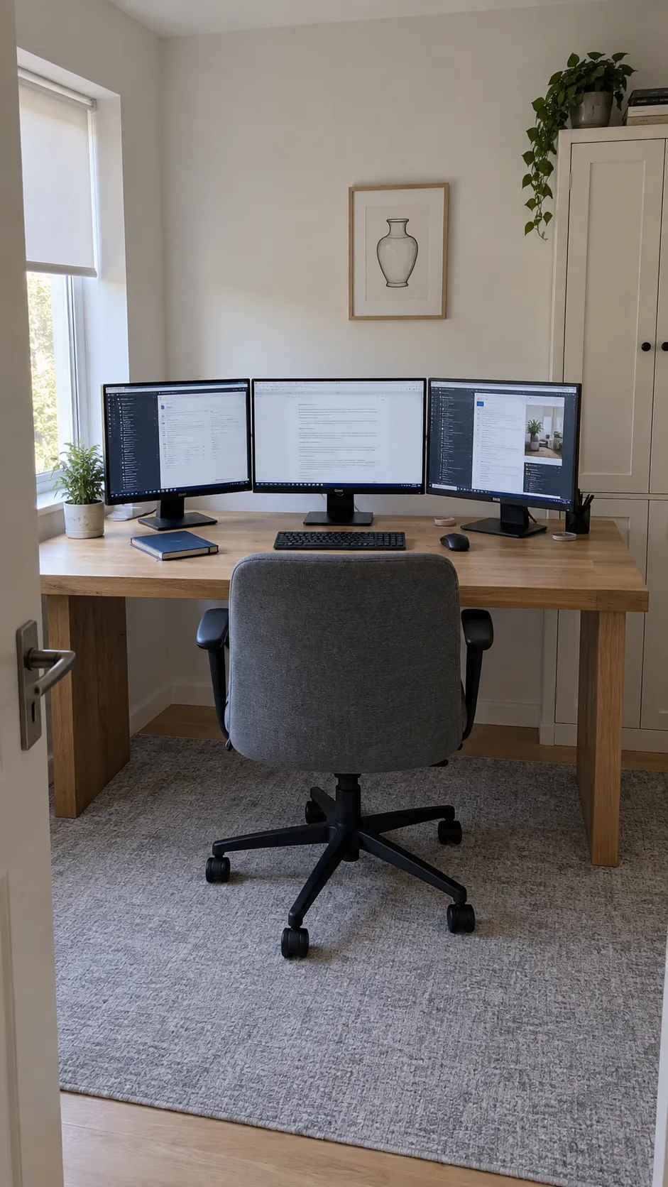 Three monitor home office with a centered main screen and clear desk space
