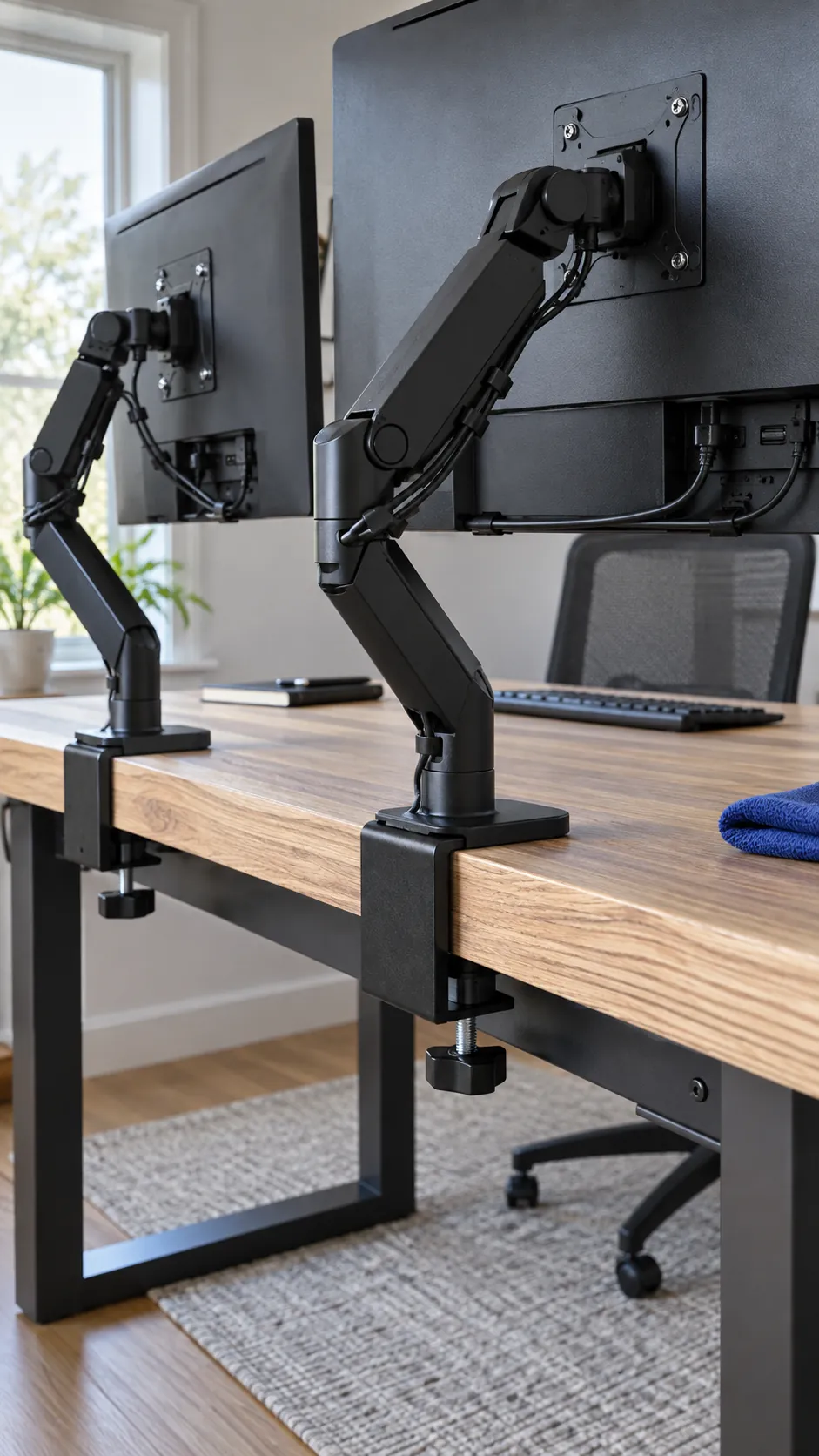 Treat the desk and mounts as one support system in a multi monitor desk setup