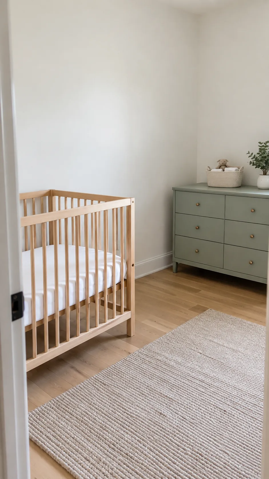 Practical baby nursery with an empty crib and clear access to a dresser