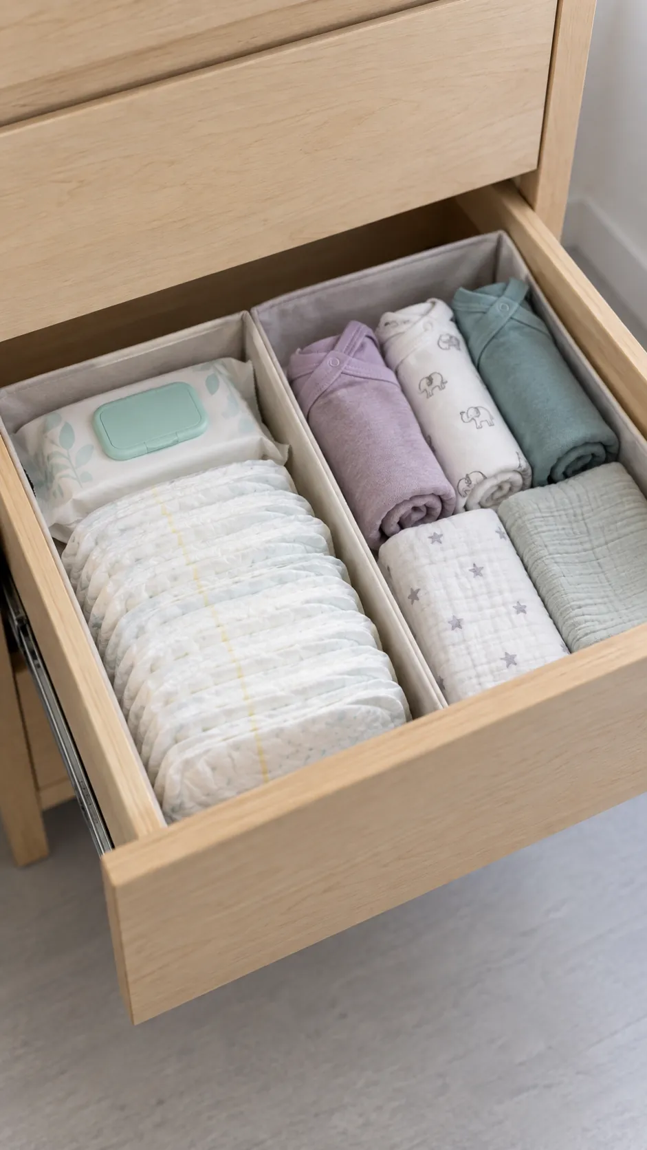 Nursery drawer organized with diapers and current size clothes