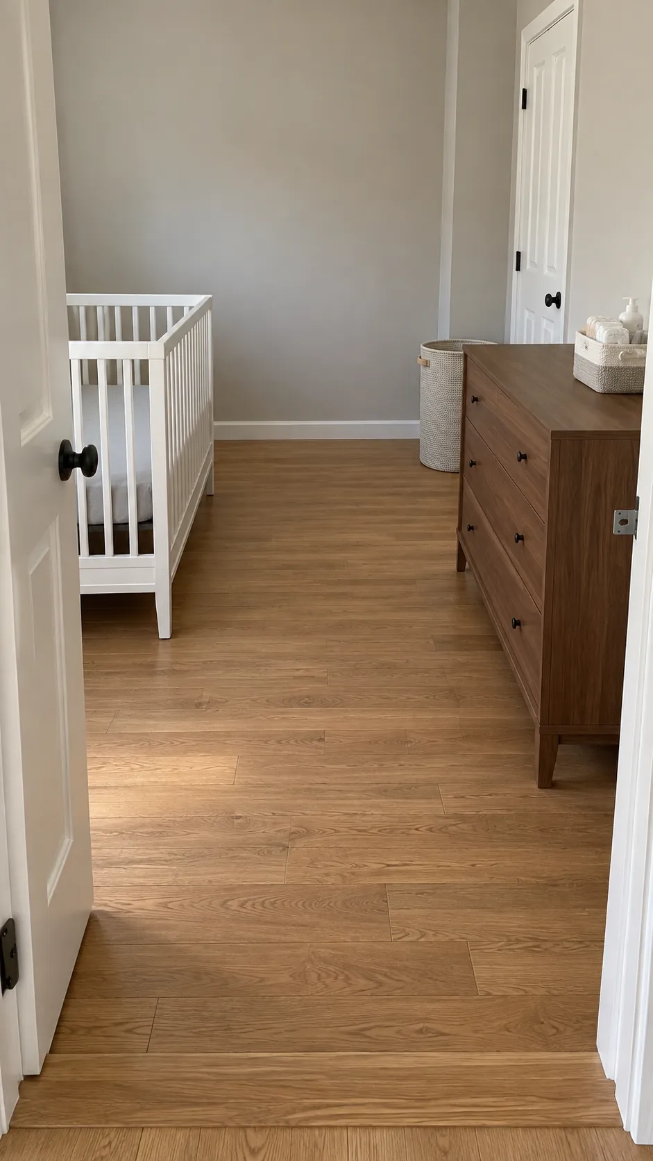 Unobstructed walkway through a small finished nursery